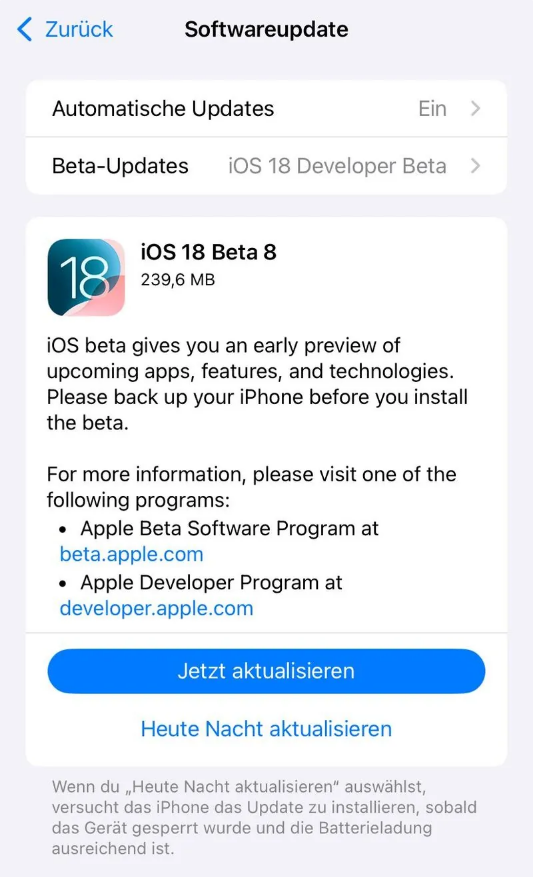 珲春苹果手机维修分享苹果 iOS / iPadOS 18 开发者预览版 Beta 8 发布 